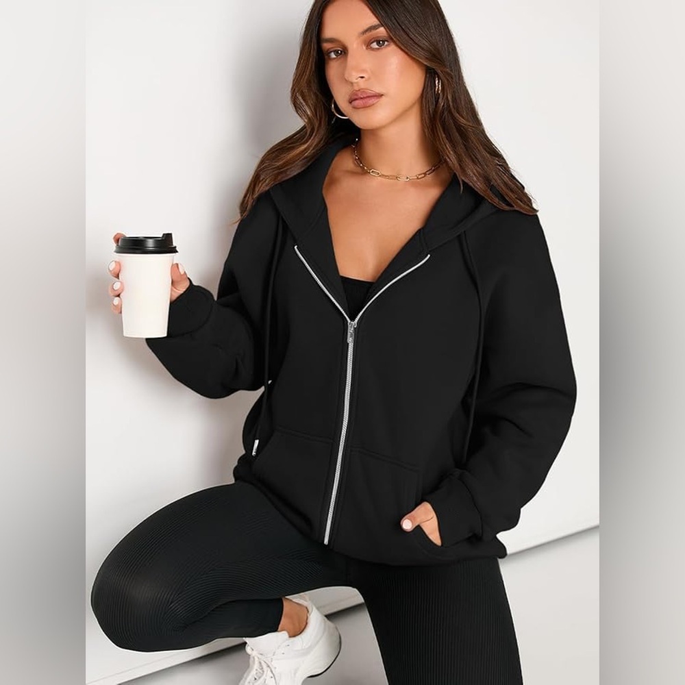 Women's Drawstring Zip Up Cute Hoodies Fall Jacket Oversized size medium black - Picture 7 of 10